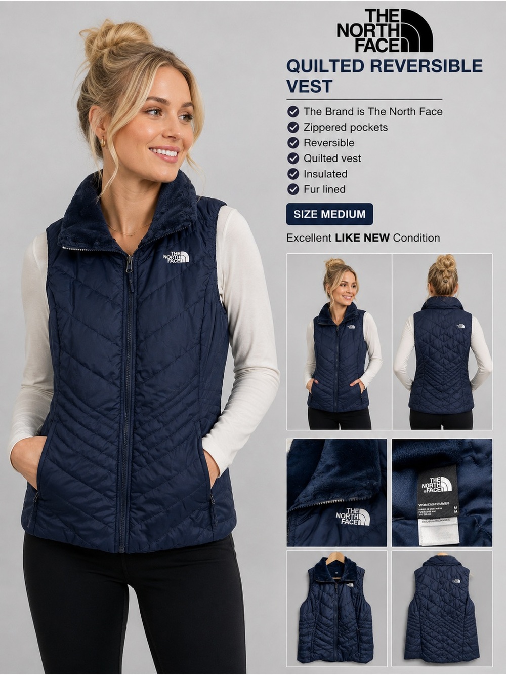 The North Face Women’s Navy Reversible Quilted Insulated Fur Lined Vest M